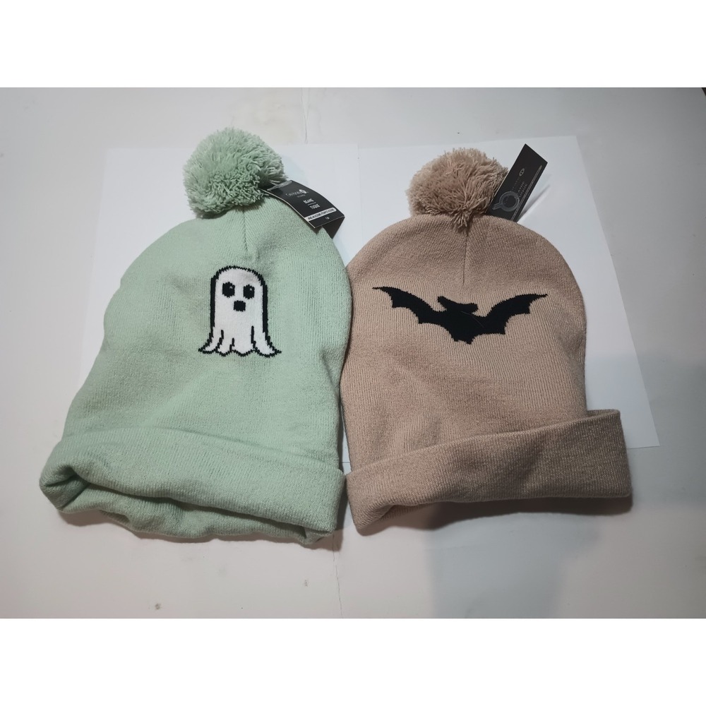 NWT Celebrate It Halloween Beanies Set Ghost Bat Pom Pom Knit Winter Hats Adult